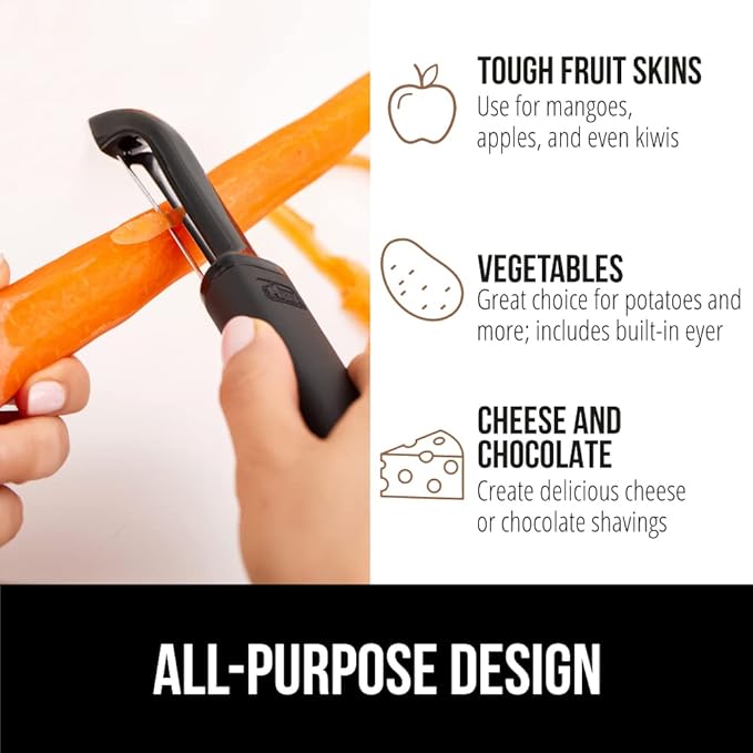 Gorilla Grip Sharp Stainless Steel Swivel Vegetable Peeler, Comfortable Handle, Dishwasher Safe, Potato Peelers for Kitchen, Smooth Peeling, Peel Veggies, Apple, Corn, Includes Blade Guard, Black