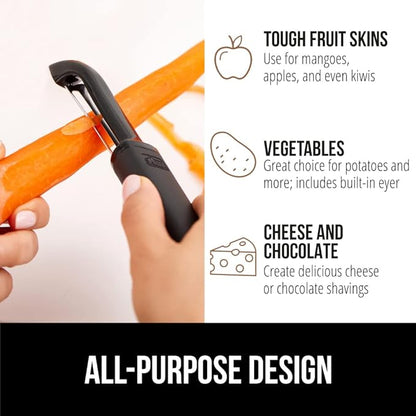 Gorilla Grip Sharp Stainless Steel Swivel Vegetable Peeler, Comfortable Handle, Dishwasher Safe, Potato Peelers for Kitchen, Smooth Peeling, Peel Veggies, Apple, Corn, Includes Blade Guard, Black