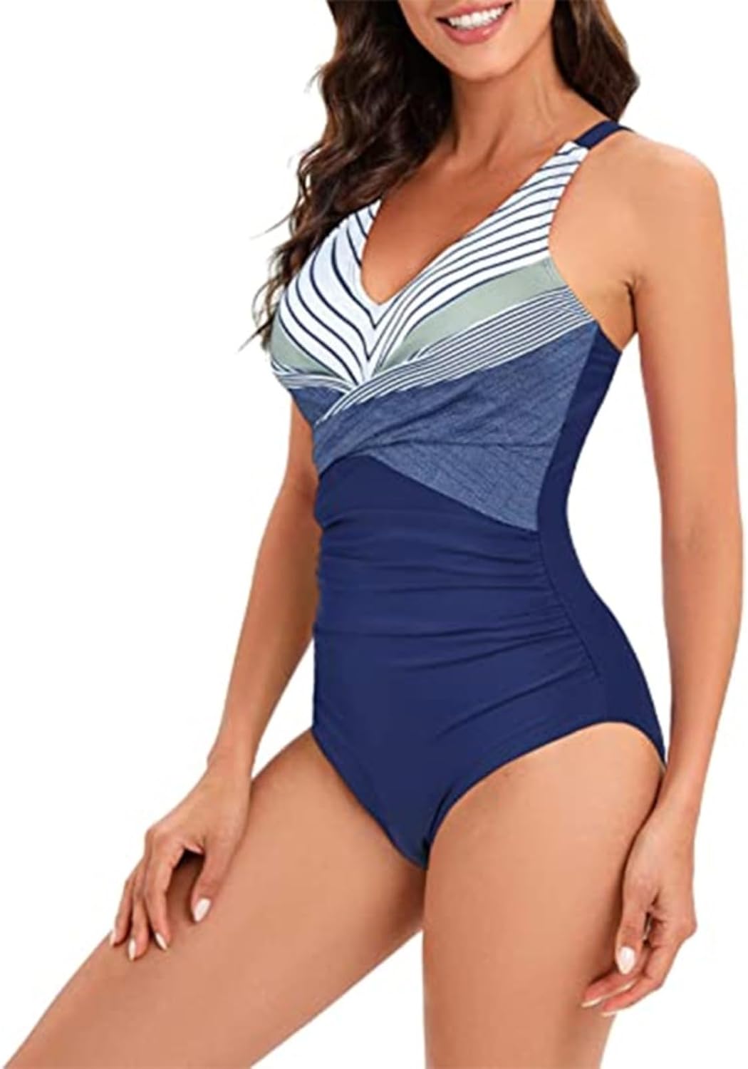 Women's One Pieces Swimsuit, Front Cross Ruched Swimsuit, Adjustable Halter & Tummy Control Bathing Suit for Summer