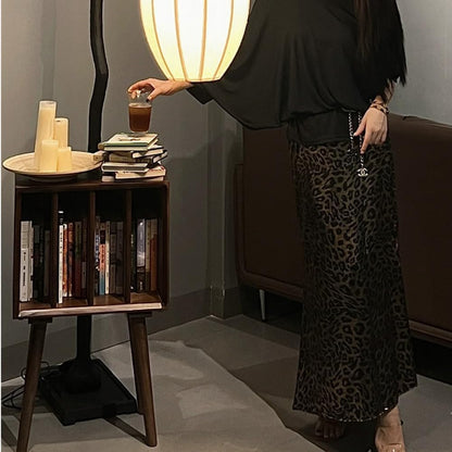 XXL Women's Slik Satin Leopard High Waist Wrap Elastic Waisted Maxi Long Skirt Flowy Silk Skirt with Leopard Pattern.