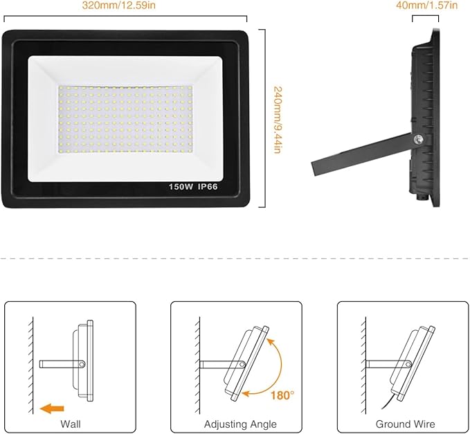 150W LED Floodlights for Outdoor, 6500K Cold White LED Security Lights IP66 Waterproof Exterior Flood Lighting, 10500Lm Garden LED Wall Light for Yard Patio Parking Lot Street Porch