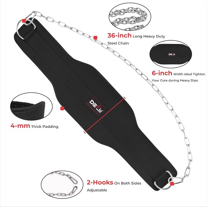 DEFY Dip Belt for Weight Lifting with 36" Steel Chain - 370 lbs weightlifting capacity - Neoprene Gym powerlifting belt for powerlifting & strength training for men & women