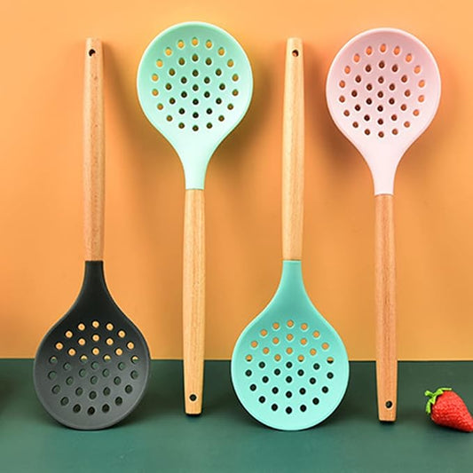 Non-Stick Silicone Kitchen Utensils,Cooking Strainer Wooden Handle Colander Spoon Skimmer Strainer BPA Free for Baking & Serving light cyan 12.68" x 3.78"