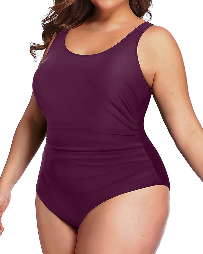 Daci Women Deep Purple Plus Size One Piece Swimsuit Athletic Tummy Control Ruched Bathing Suit with U-Back 22 Plus