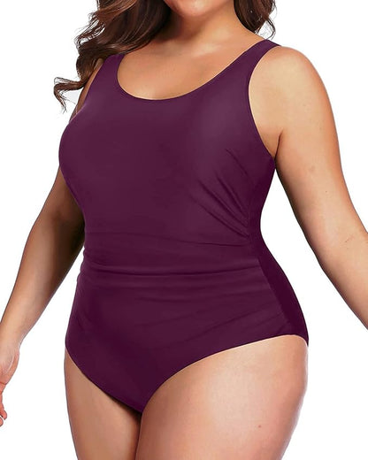 Daci Women Deep Purple Plus Size One Piece Swimsuit Athletic Tummy Control Ruched Bathing Suit with U-Back 22 Plus