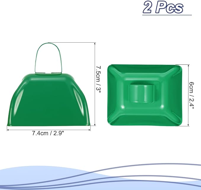 PATIKIL 2pcs Cow Bells for Football Games, 3inch Cowbells for Sporting Events Bulk Loud Noise Makers Metal Cow Bell with Handle for Cheering Competition Marathon Wedding, Green