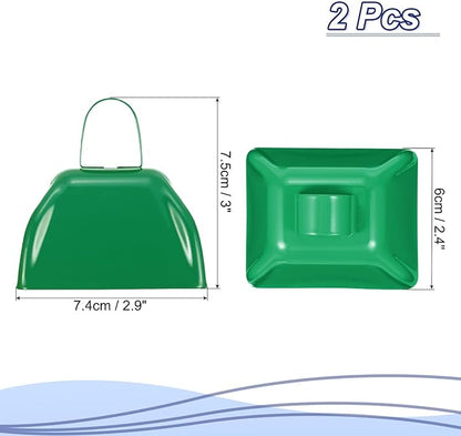 PATIKIL 2pcs Cow Bells for Football Games, 3inch Cowbells for Sporting Events Bulk Loud Noise Makers Metal Cow Bell with Handle for Cheering Competition Marathon Wedding, Green