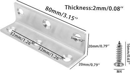 Stainless Steel Corner Brace,ULIFESTAR Heavy Duty L Brackets,Joint Fastener Brackets,Silver Shelf Bracket,Metal 90 Degree Angle Brackets for Wood Furniture,Shelves,Cabinet 80*20mm/3.15*0.79''8 PCS