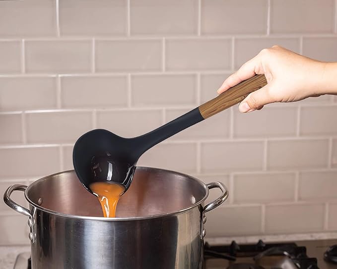 Bene Casa - Black Ladle with Wood Like Handle, Heat Resistant. Black Ladle wWood Like Handle, 14"