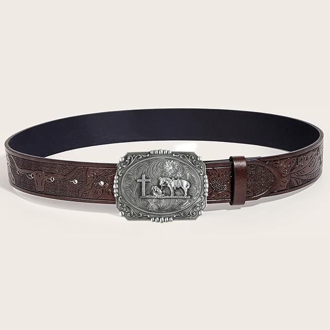 Prayer Cross  Horse Western Belt Buckle for Men, Zinc Alloy 3D Religious Cowboy Design, Antique Finish for Jeans Boots