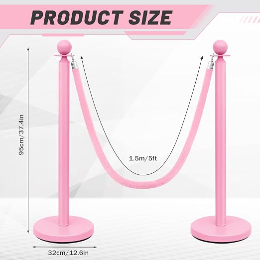 Ferraycle 4 Pcs Stainless Steel Stanchions Post Queue 38 Inch, 5 ft Velvet Rope Carpet Ropes and Pole, Control Barriers for Wedding Birthday Party Decoration Sand Injection Hollow Base Set (Pink)