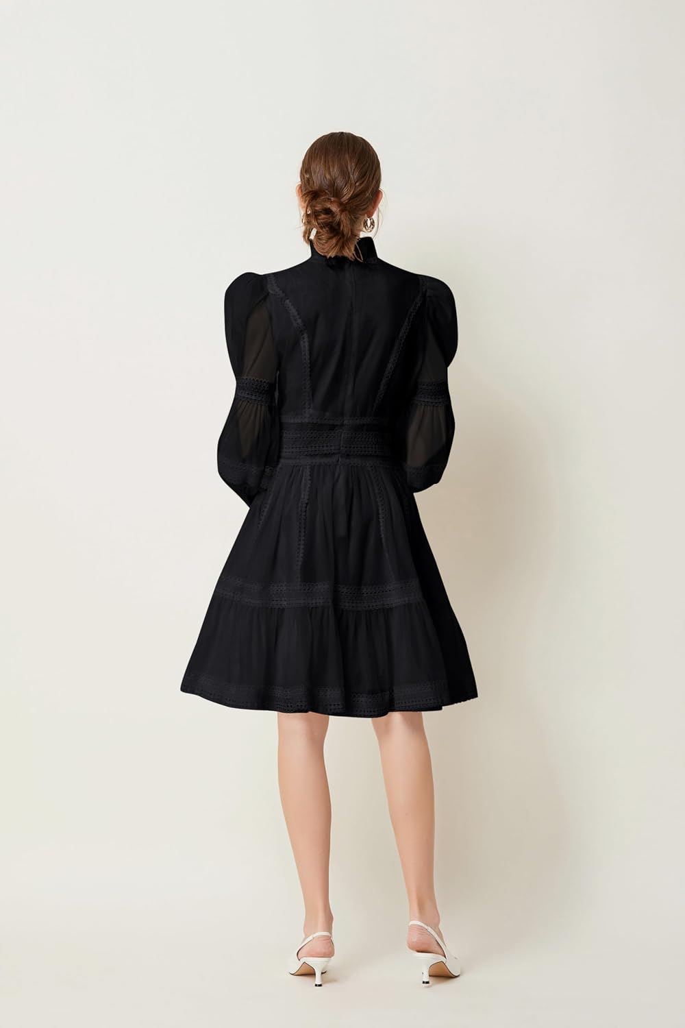Medium , LAI MENG FIVE CATS Women's Puff Sleeves High Collar Hollow Mesh Pleat Layered Hem Solid Color Mini Dress.
