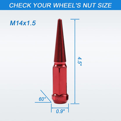 New Wheel Spike Lug Nuts (24pcs) with 1 Socket Key Red 14x1.5 4.5 Tall 6 Lug 14mmx1.5 Replacement for GMC Chevy Ford Vehicles