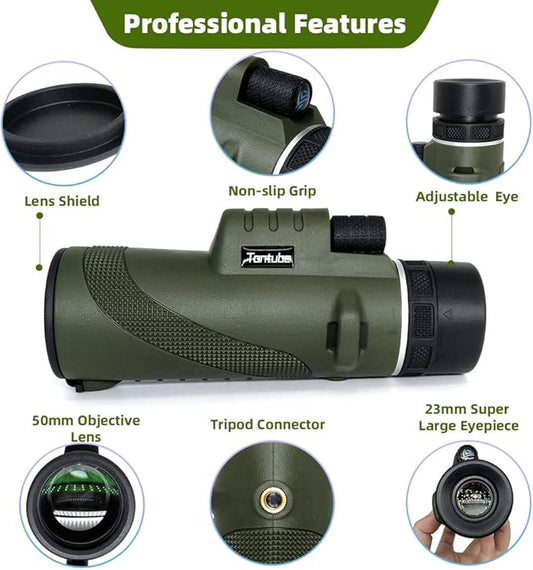 12x50 Monocular Telescope High Power Bak4 Prism IPX5 Waterproof for Stargazing Bird Watching Hunting Camping Hiking Concert Soccer Game, YMT3