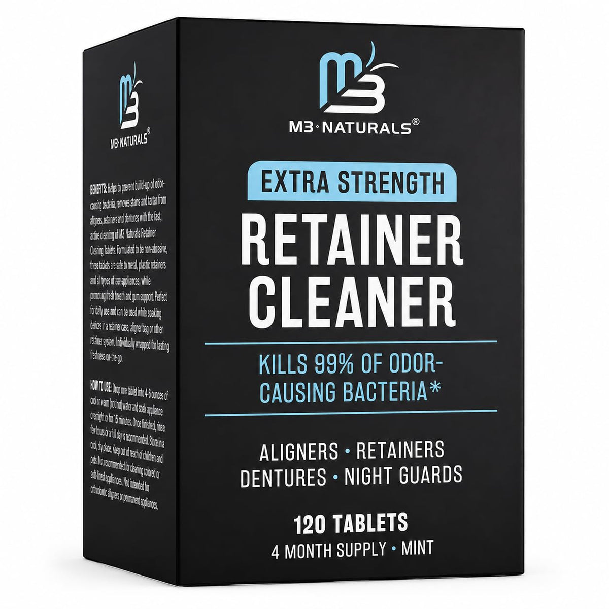 Extra-strength cleaning tablets for dental appliances; remove odors, discoloration, stains, and plaque for a fresh, clear look.