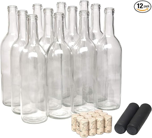 North Mountain Supply 750ml Glass Bordeaux Wine Bottle Flat-Bottomed Cork Finish - with #8 Premium Natural Corks & PVC Shrink Capsules - Case of 12