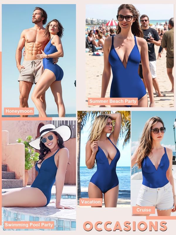 SHAPERIN Women Swimsuit One Piece Bathing Suits Tummy Control Sexy Deep V Neck Padded Push Up Swimwear Monokini