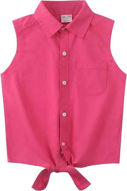 Noomelfish Girls Sleeveless Button Down Shirt Tie Knot Blouse Tank Tops (5-12 Years)