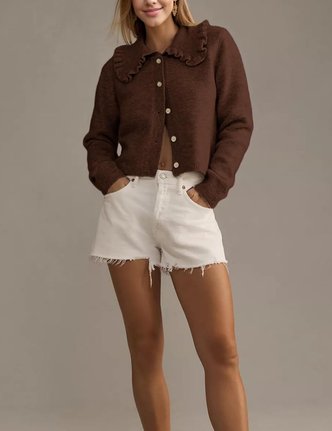 InterNos Womens Y2k Ruffled Collar Cardigan Sweaters Classic Button Down Long Sleeves Fall Sweater Crop Tops
