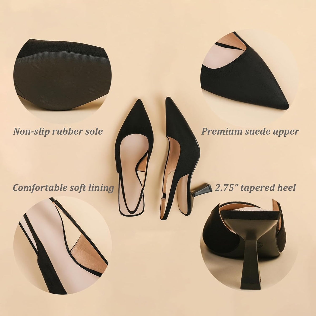 Size 42 EU Closed Pointed Toe Slingback Kitten Heels Suede Fashion Slip on Backless Heel Dress Pumps Sandals for Formal Wedding Evening Party