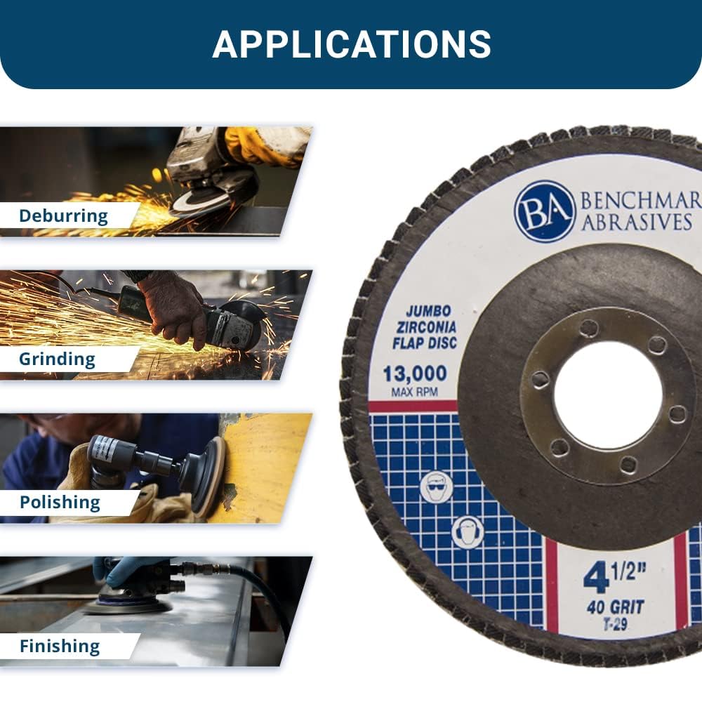 Benchmark Abrasives 4.5" x 7/8" Premium High Density Jumbo Zirconia Type 29 Flap Discs 4 1/2 for Angle Grinder, Sanding Discs, Finishing - Grinding Wheels 4 1/2 Inch (5 Pack) - 40 Grit