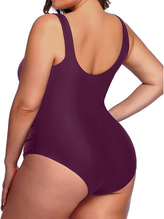 Daci Women Deep Purple Plus Size One Piece Swimsuit Athletic Tummy Control Ruched Bathing Suit with U-Back 22 Plus