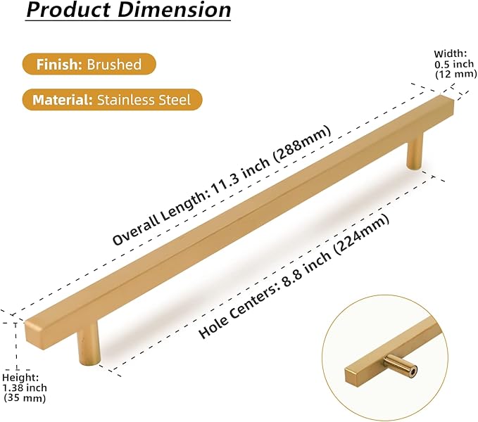 TooCust 2 Pack Brushed Brass Kitchen Cabinet Handles, Cabinet Pulls with 8-4/5 Inch (224mm) Hole Centers, Gold Dresser Handle with Brushed Finish, Modern Furniture Drawer Knobs
