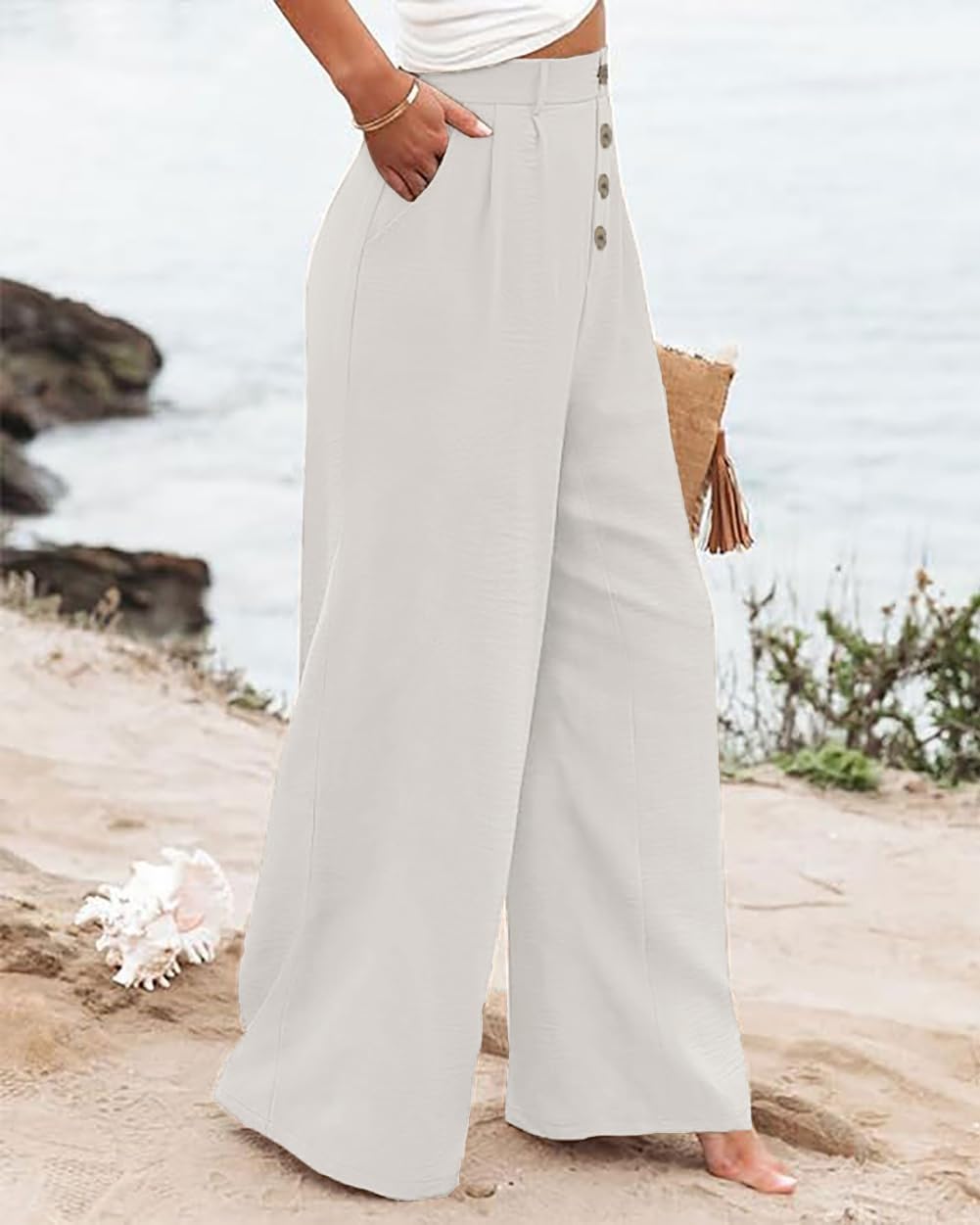 Womens High Waisted Wide Leg Palazzo Pants Casual Lounge Boho Flowy Pants with Pockets