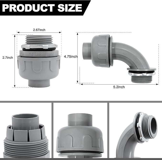 1-12 inch Liquid Tight Connector PVC Flexible Conduit Connector, 180 Degree and 90 Degree UL Listed, Non-Metallic Electrical Conduit Fittings 6 Pack(4 pcs 180D2 pcs 90D)
