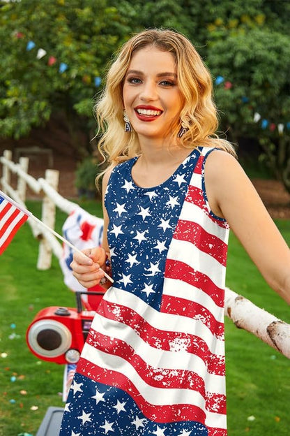 Spadehill Women's 4th of July Patriotic Dress American Flag Star Stripes Sleeveless Tank Sundress