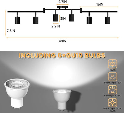 LED 6 Light Track Lighting Kit, 3 Color Adjustable Ceiling Spot Lighting Includes 6 x GU10 Bulb, Modern Track Light Fixture with Rotatable Heads for Kitchen, Living Room, Bedroom