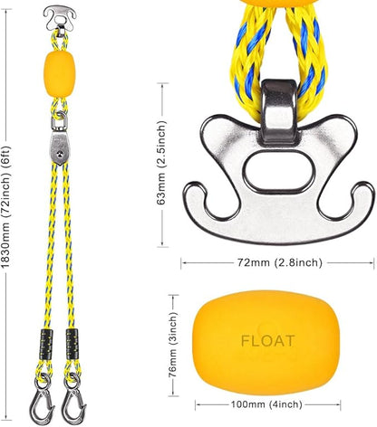 SELEWARE Self-Centering Boat Tow Harness for Tubing, Stainless Steel Quick Connector, Heavy Duty Floating Tow Rope for 1-4 Riders, Wakeboarding  Jet Ski