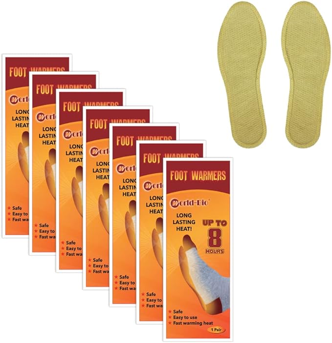 WORLD-BIO Insole Foot Warmers - Long Lasting Safe Natural Odorless Air Activated Warmers - Up to 8 Plus Hour of Heat - 7 Pairs Value Pack