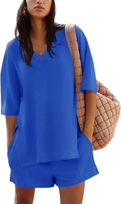 XL, Yousify Womens 2 Piece Sets Summer Outfits 2025 Lounge Set 3/4 Sleeve Oversized Tops And Elastic Waist Shorts With Pockets.