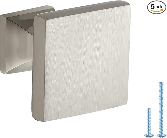 JOY DECOR 5 Pack Brushed Nickel Square Cabinet Knob Kitchen Cabinet Knobs Single Hole Knobs for Cabinets and Drawers Brushed Nickel Door Knobs