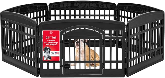 IRIS USA 24" 6-Panel Dog Playpen with Door, 61 x 61 x 24, Puppy Playpen, Dog Play Pen Indoors, Pet Fence, SmallMedium Pets, Black