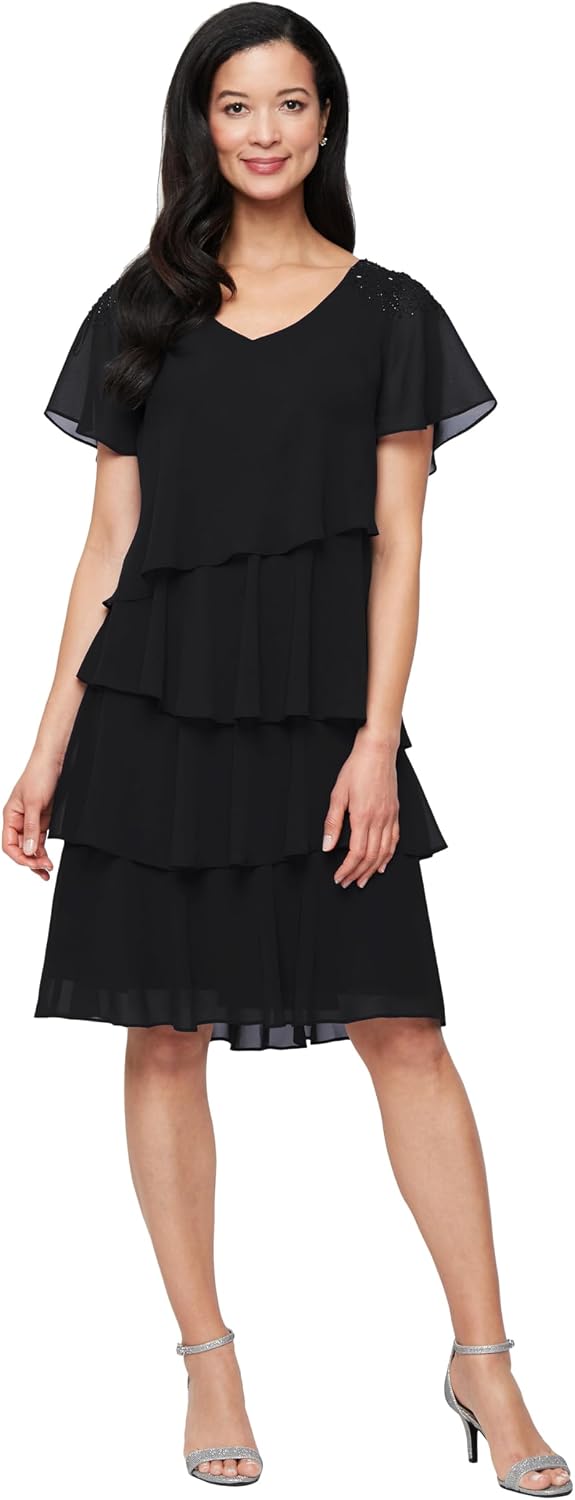 S.L. Fashions Women's V-Neck Chiffon Cocktail Dress with Beaded Shoulders and Asymmetrical Tiers (Petite and Regular Sizes).
