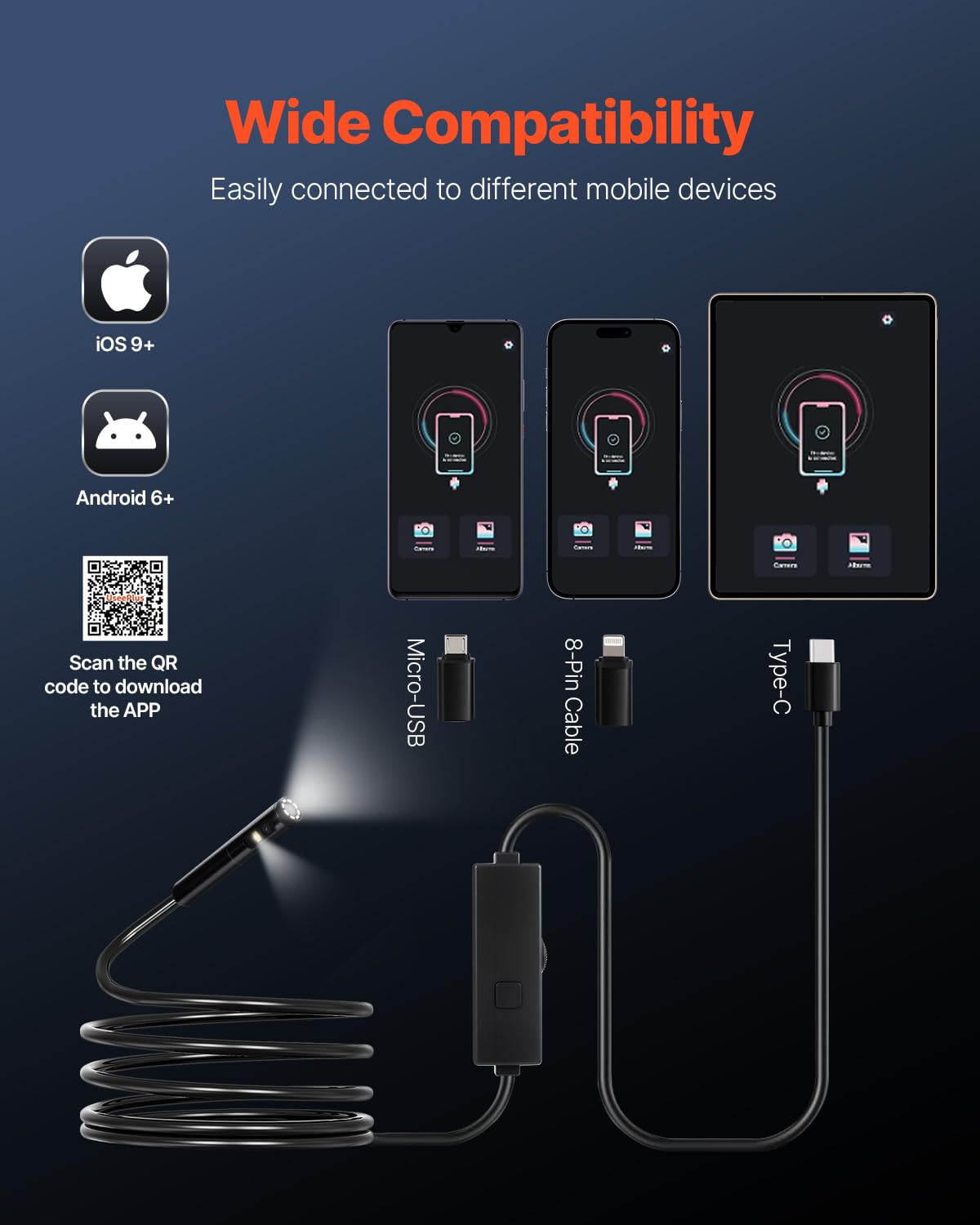 VEVOR Endoscope Camera with Light, Dual Lens Borescope for Android & iOS, 1920P HD Inspection Camera, 8 + 1 LED Lights, 2X Zoom, 10FT Snake Cable, IP67 Waterproof