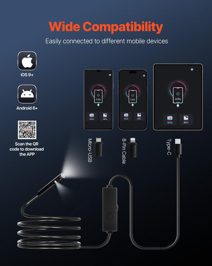 VEVOR Endoscope Camera with Light, Dual Lens Borescope for Android & iOS, 1920P HD Inspection Camera, 8 + 1 LED Lights, 2X Zoom, 10FT Snake Cable, IP67 Waterproof