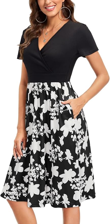 VOTEPRETTY Women's Short Sleeve V Neck Wrap Dress Summer Casual Floral Sundress with Pockets