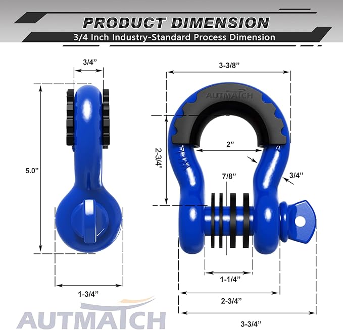 AUTMATCH D Ring Shackle 34" Shackles (2 Pack) 41,887Ibs Break Strength - Clevis Shackle with 78" Screw Pin and Shackle Isolator Washers Kit for Tow Strap Winch Off Road Vehicle Recovery, Blue