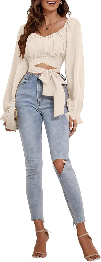 Light Yellow Rooscier Women's Ruched Wrap Square Neck Flounce Long Sleeve Self Tie Crop Top Blouse