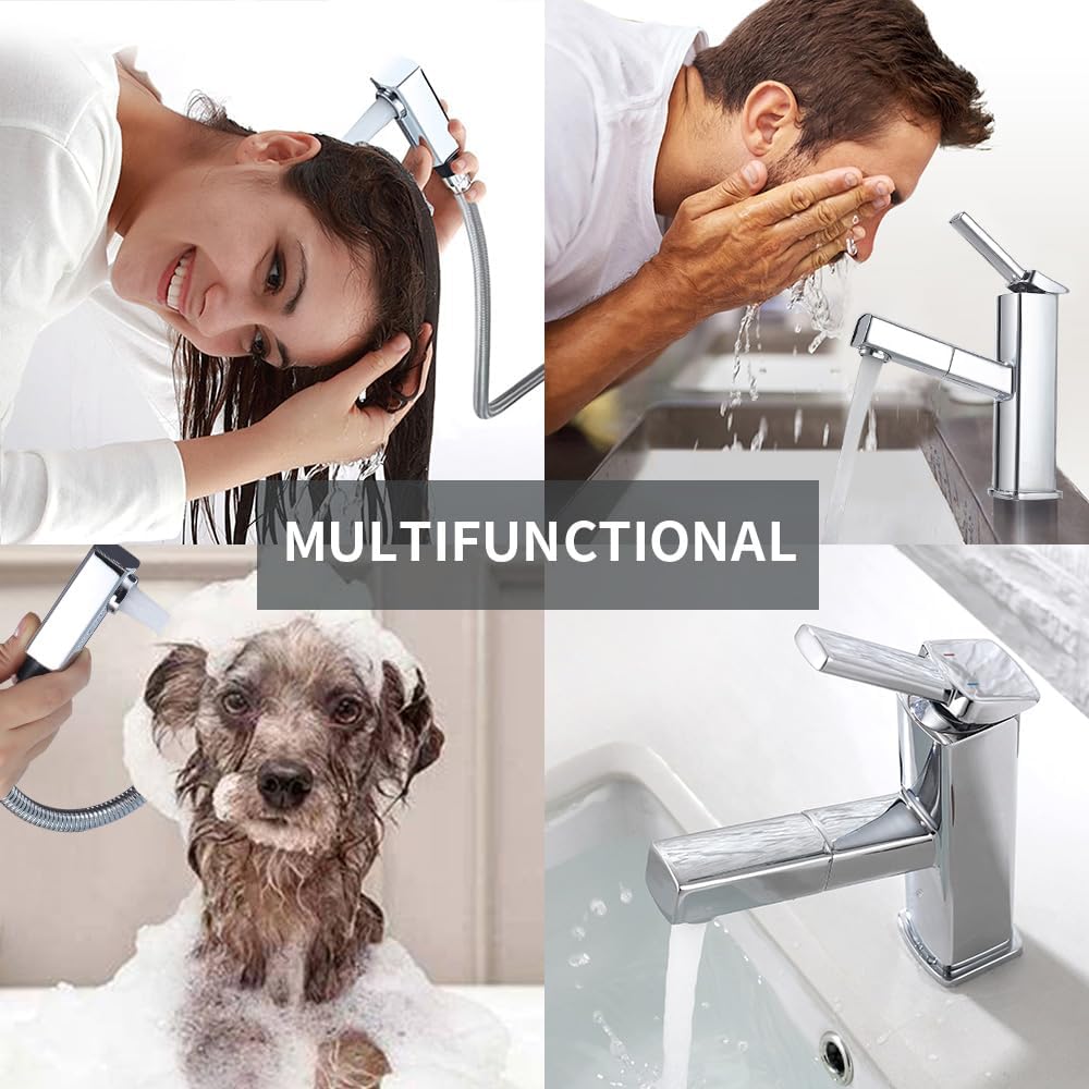 Bathroom Sink Faucet with Pull Out Sprayer, Single Handle Basin Mixer Tap for Hot and Cold Water, Lavatory Pull Down Sink Faucet with Rotating Spout (Regular, Chrome)