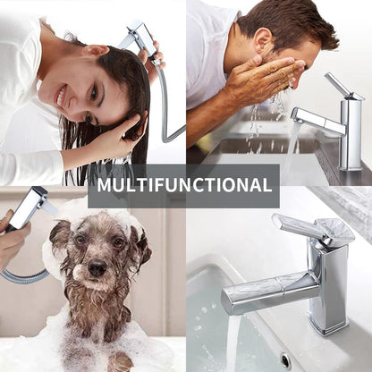 Bathroom Sink Faucet with Pull Out Sprayer, Single Handle Basin Mixer Tap for Hot and Cold Water, Lavatory Pull Down Sink Faucet with Rotating Spout (Regular, Chrome)