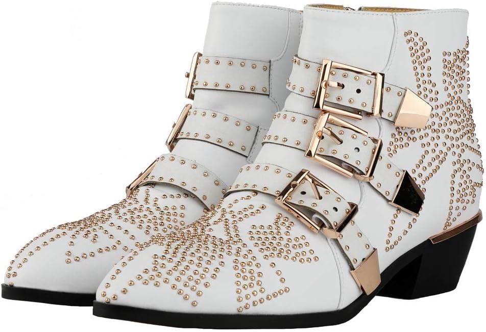 Size 8-8.5 Arqa Women's Studded Ankle Boots Leather Multiple Buckle Chunky Heel Booties Almond Toe Zipper Punk Boot