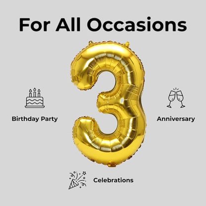YPSelected 34 Inch Large Foil Helium Number Balloon Birthday Wedding Party pack of 6 (Gold, 3)