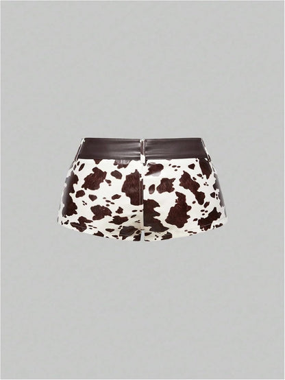 SHENHE Women's Cow Print PU Leather Micro Shorts Y2K Vintage Low Waist Casual Mini Shorts