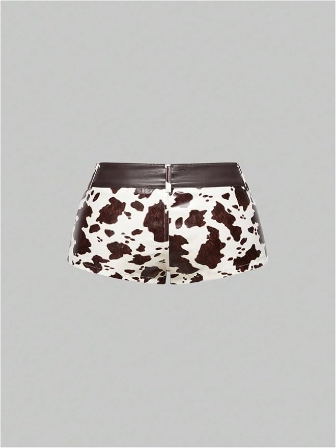 SHENHE Women's Cow Print PU Leather Micro Shorts Y2K Vintage Low Waist Casual Mini Shorts