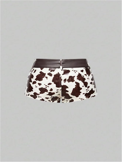 SHENHE Women's Cow Print PU Leather Micro Shorts Y2K Vintage Low Waist Casual Mini Shorts