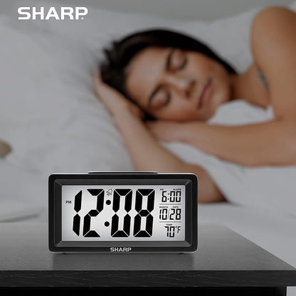 Sharp Alarm Clock with Indoor Temperature, Nightlight, Calendar, Battery Operated Digital Small Clock for Bedrooms or Travel, Black